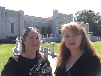 Kym and Kris in front of the original mausoleum in Fairhaven Cemetery, Santa Ana, CA