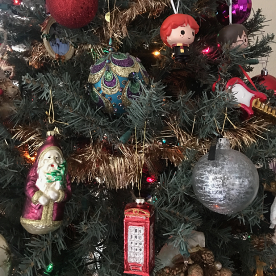 A glass Santa, the London callbox, the Ron and Harry ornaments and one of the peacock ornaments from last year.